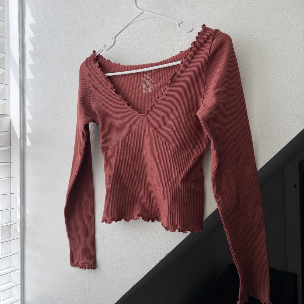 Free People Ribbed Long Sleeve Top - Brick Red